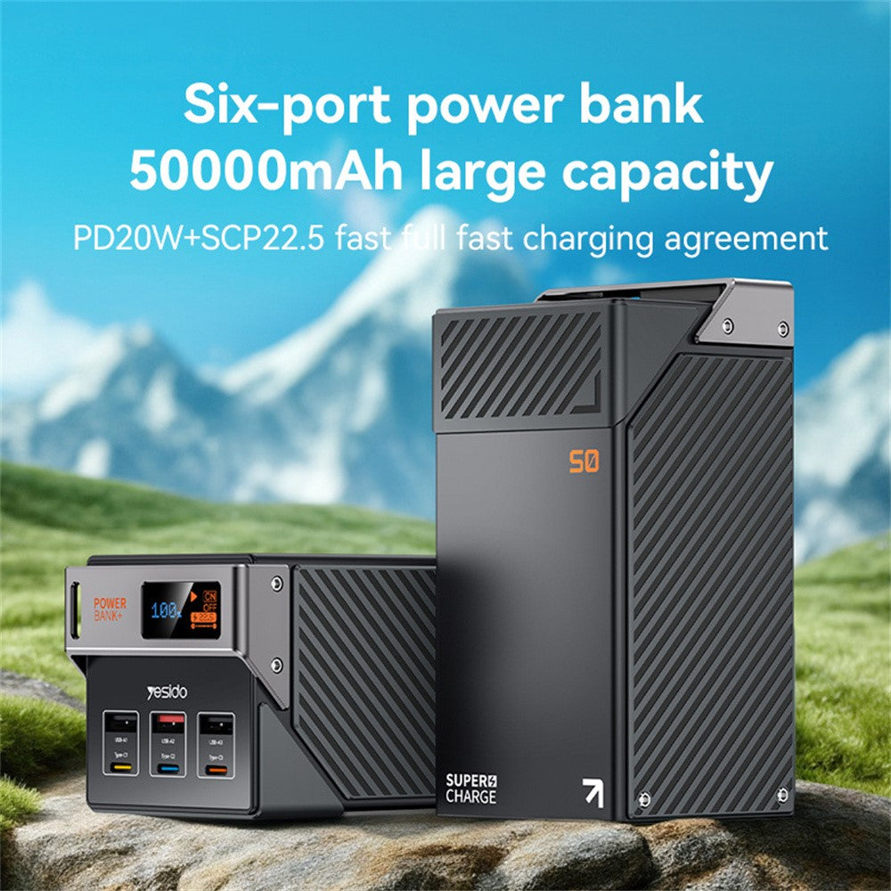 YESIDO YP63 50000mAh Power Bank 3 Type-C 3 USB-A Output Porte Digitalt Display Telefonoplader
