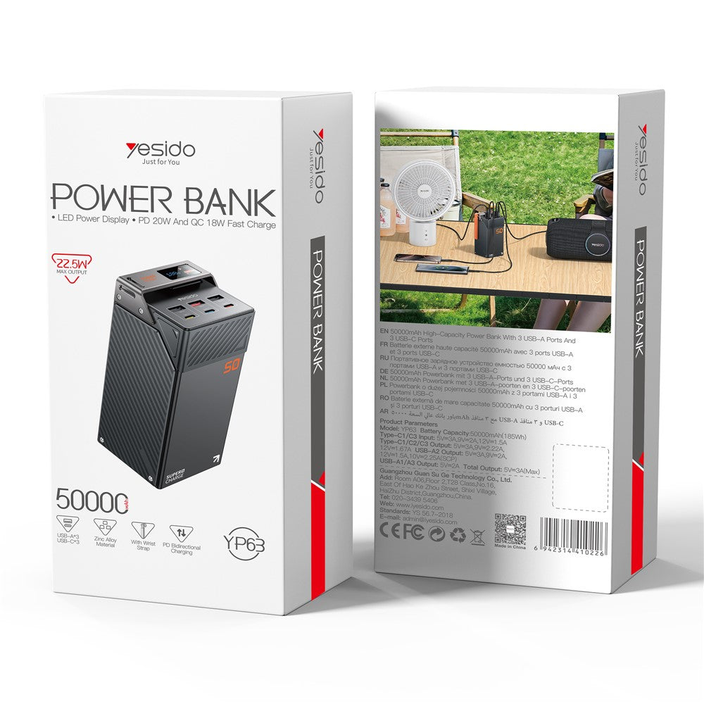 YESIDO YP63 50000mAh Power Bank 3 Type-C 3 USB-A Output Porte Digitalt Display Telefonoplader