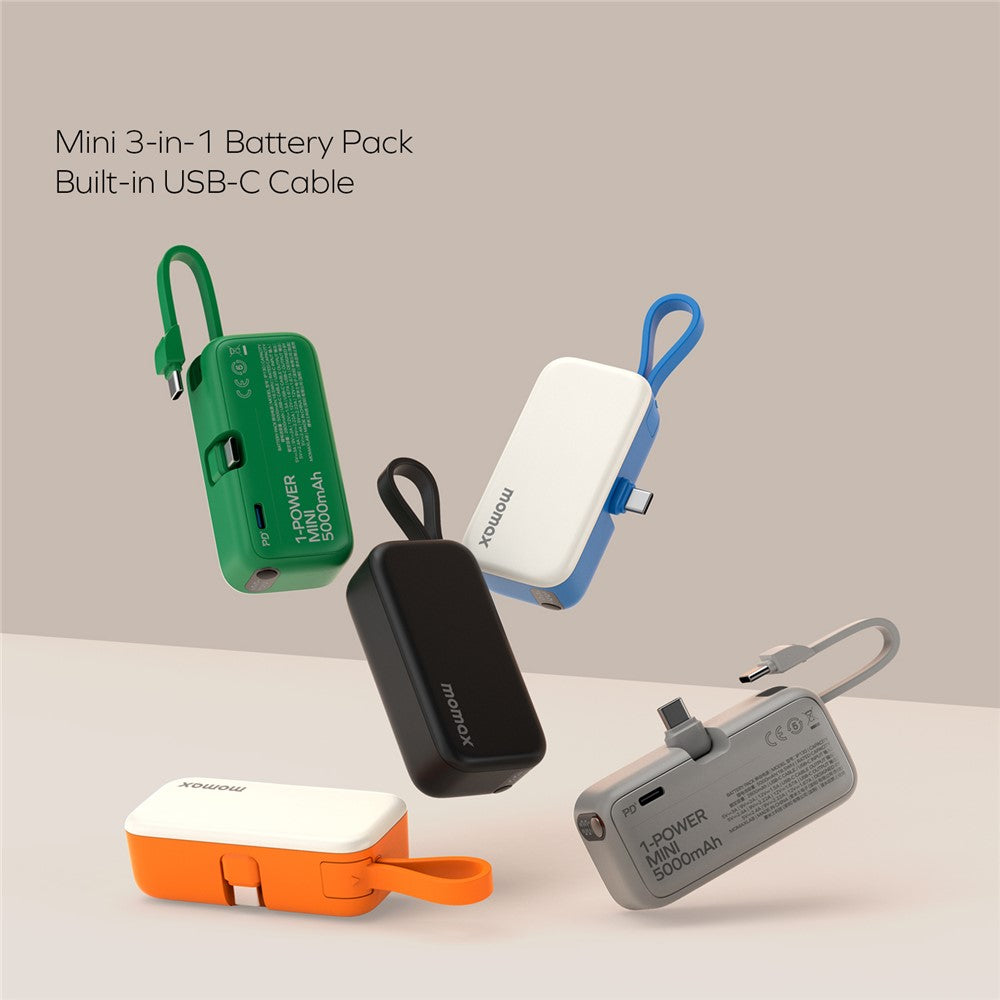 MOMAX 1-Power Mini Pop Art Portable Charger With Built-In Cable For USB C 5000mAh 20W Fast Charging 3 Port Power Bank
