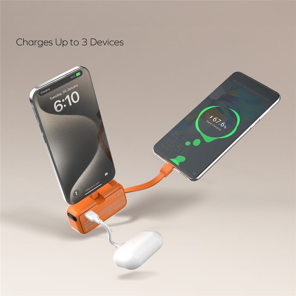 MOMAX 1-Power Mini Pop Art Portable Charger With Built-In Cable For USB C 5000mAh 20W Fast Charging 3 Port Power Bank