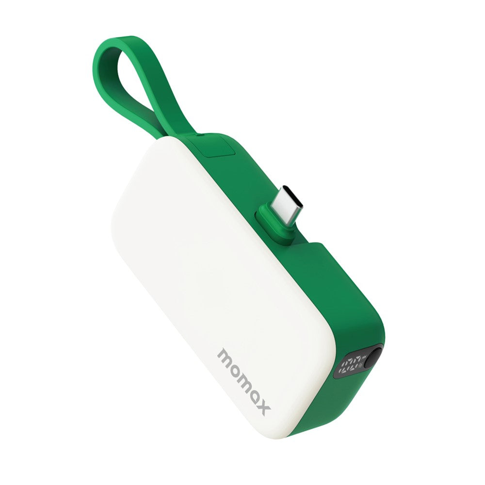 MOMAX 1-Power Mini Pop Art Portable Charger With Built-In Cable For USB C 5000mAh 20W Fast Charging 3 Port Power Bank
