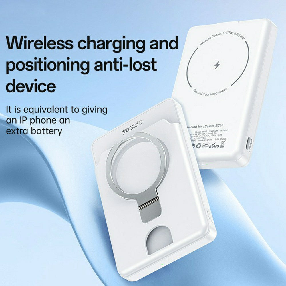YESIDO YP73 trådlös laddande powerbank på 5000mAh, 15W snabbladdningstelefonladdare med lokaliserare/metallställ