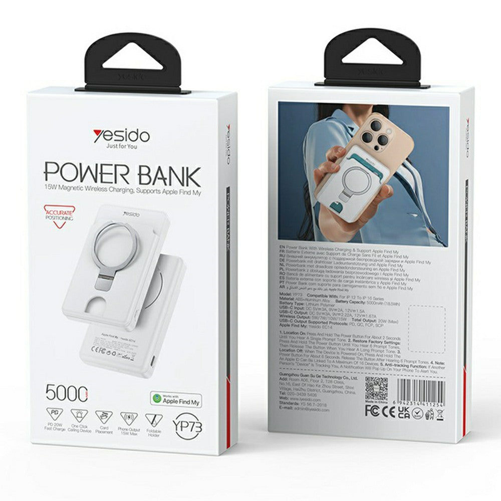 YESIDO YP73 trådlös laddande powerbank på 5000mAh, 15W snabbladdningstelefonladdare med lokaliserare/metallställ