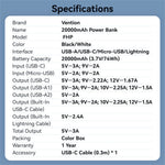VENTION FHP Series 20000mAh Power Bank Built In Type C  /  iP Cable 22.5W Fast Charging Battery Pack