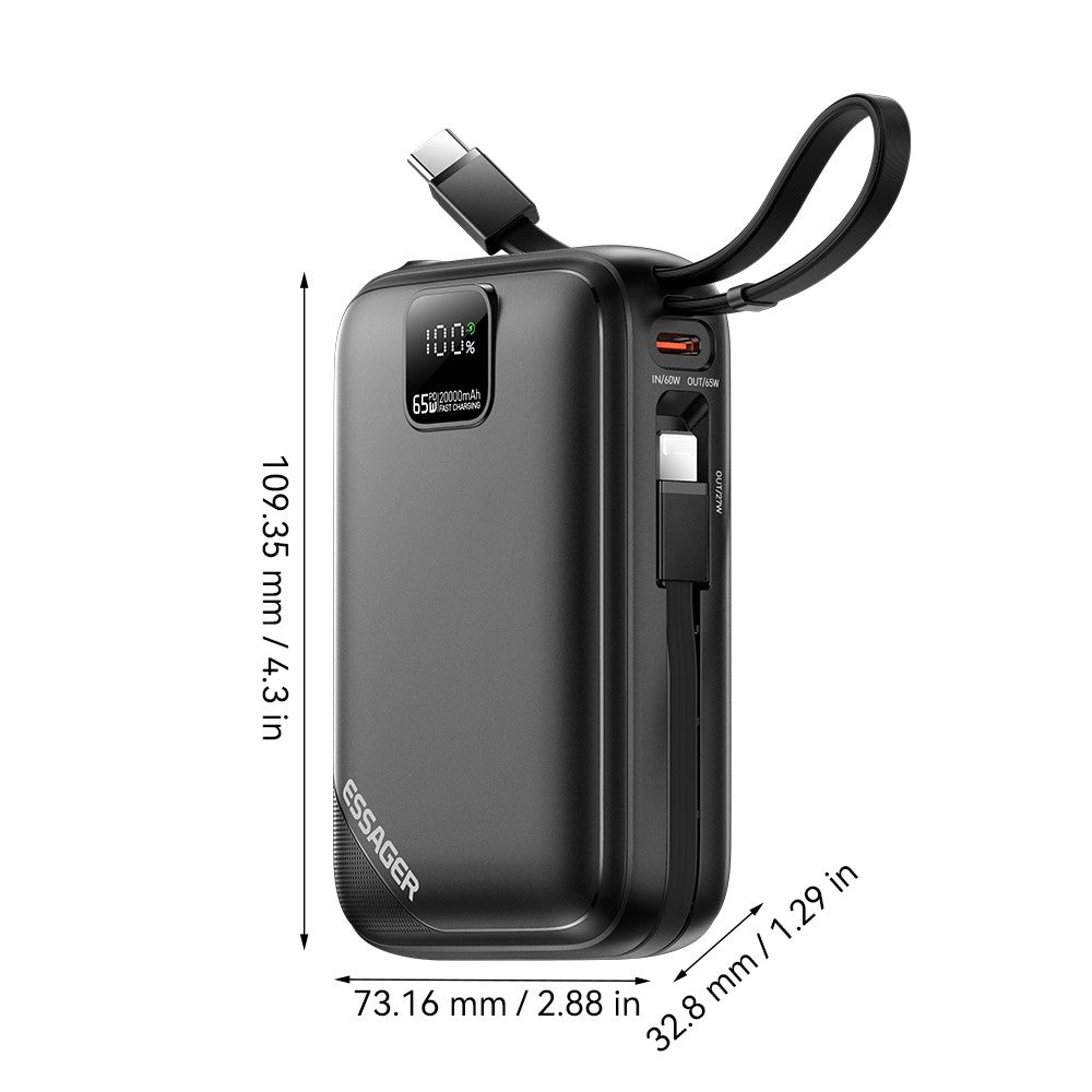 ESSAGER 20000mAh PD 65W Power Bank with LED Display Fast Charging Phone External Battery