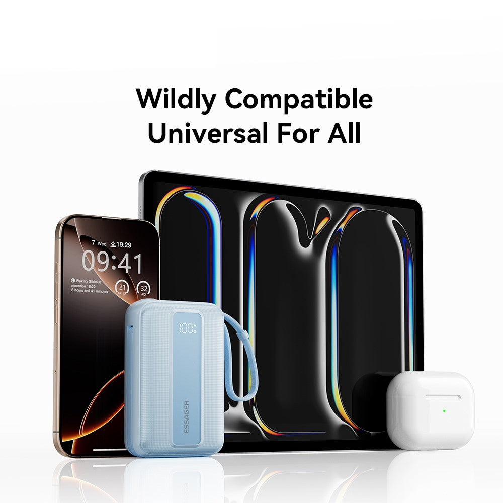 ESSAGER Digital Display 20000mAh Power Bank 22.5W Fast Charging Battery Pack with Dual Built-in Cables - Blue