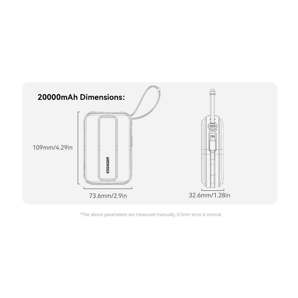 ESSAGER Digital Display 20000mAh Power Bank 22.5W Fast Charging Battery Pack with Dual Built-in Cables - Blue
