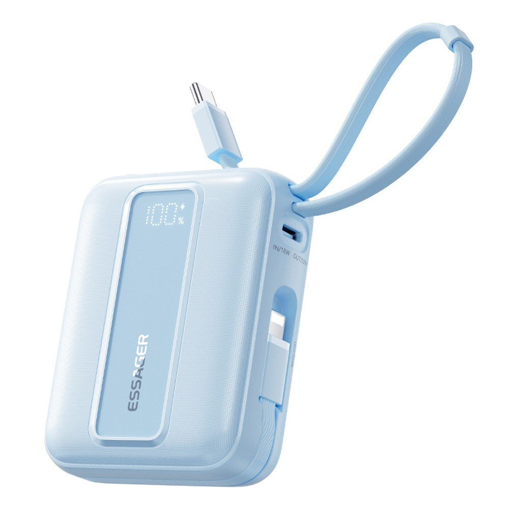 ESSAGER Digital Display 20000mAh Power Bank 22.5W Fast Charging Battery Pack with Dual Built-in Cables - Blue