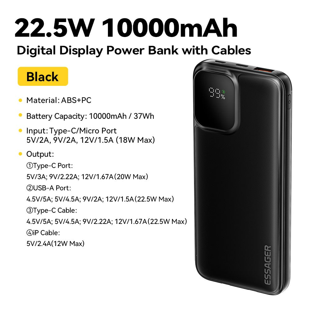 ESSAGER Digital Display 10000mAh Power Bank with Type-C + iP Cables 22.5W Fast Charging Battery Pack