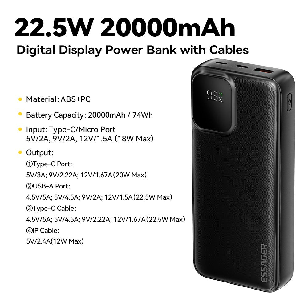 ESSAGER Digital Display 20000mAh Power Bank with Type-C + iP Cables 22.5W Fast Charging Battery Pack