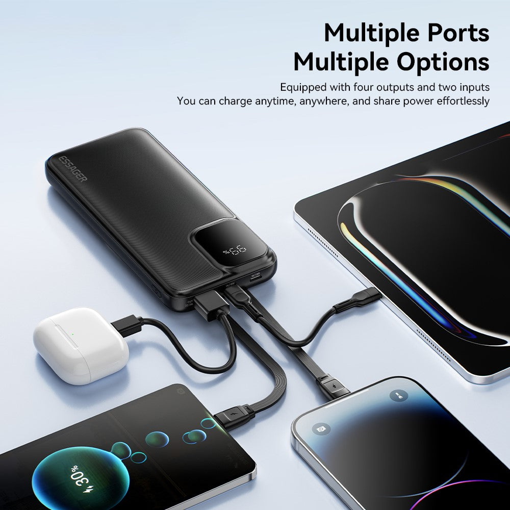 ESSAGER Digital Display 20000mAh Power Bank with Type-C + iP Cables 22.5W Fast Charging Battery Pack