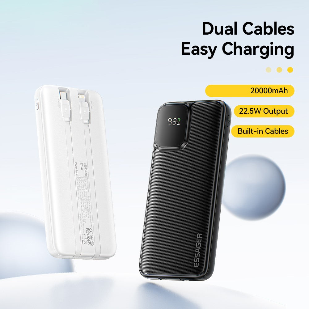 ESSAGER Digital Display 20000mAh Power Bank with Type-C + iP Cables 22.5W Fast Charging Battery Pack