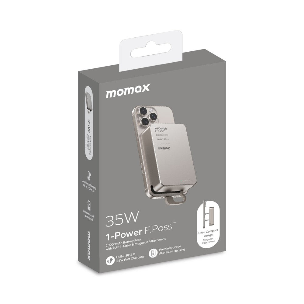 MOMAX 1-POWER F.PASS+ 20000mAh Magnetic Power Bank with Hidden USB-C Cable Portable Fast Charging Charger
