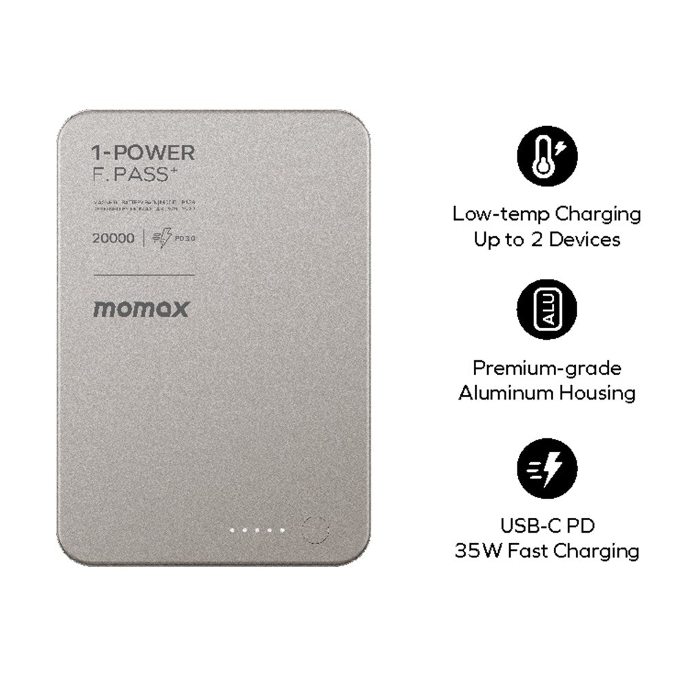 MOMAX 1-POWER F.PASS+ 20000mAh Magnetic Power Bank with Hidden USB-C Cable Portable Fast Charging Charger