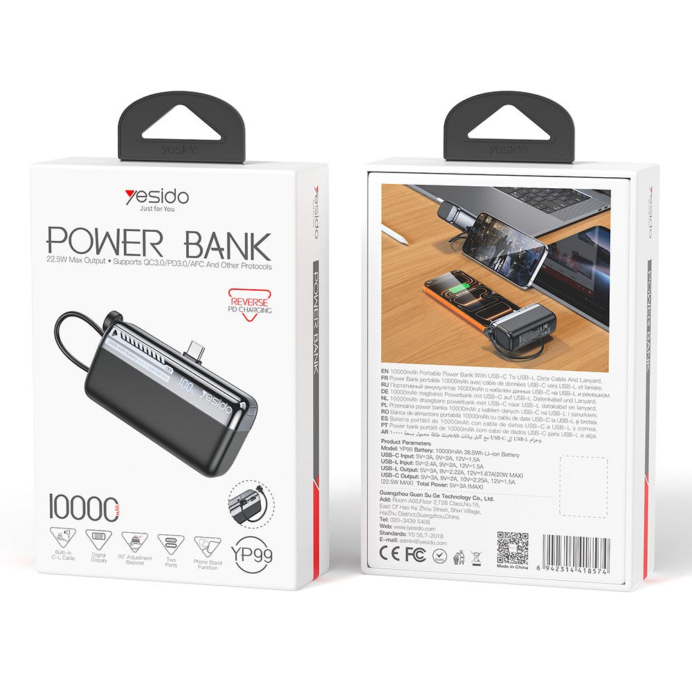 YESIDO YP99 Power Bank 10000mAh 20W Fast Charging Portable Charger with Built-in Cable for Mobile Phone