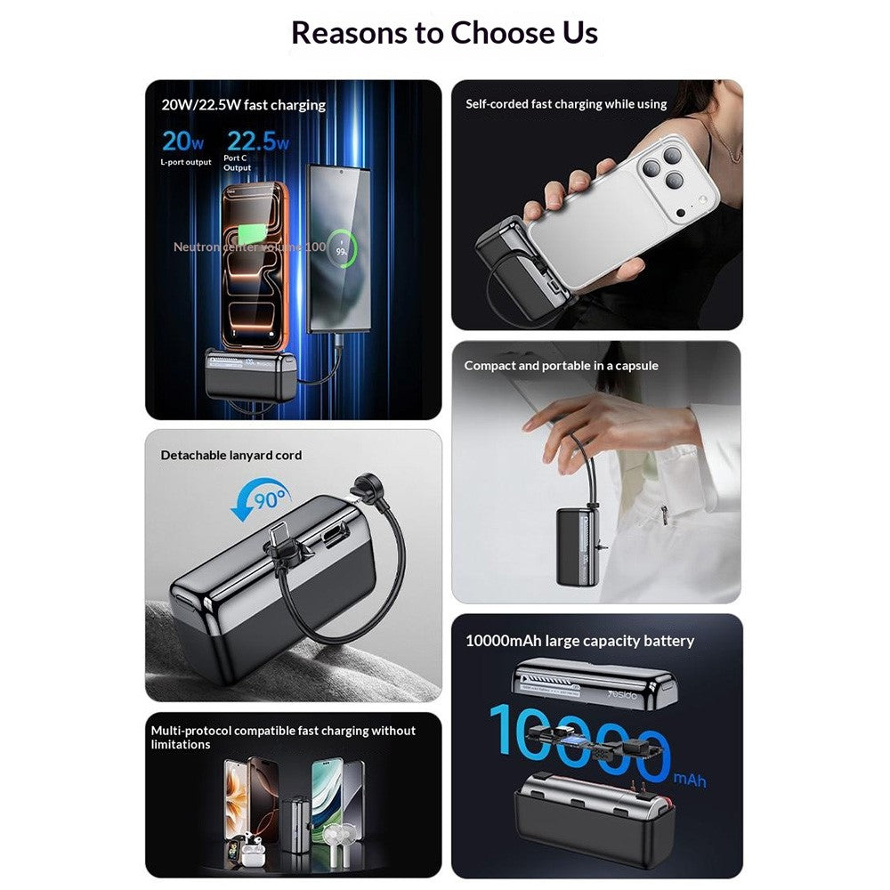 YESIDO YP99 Power Bank 10000mAh 20W Fast Charging Portable Charger with Built-in Cable for Mobile Phone