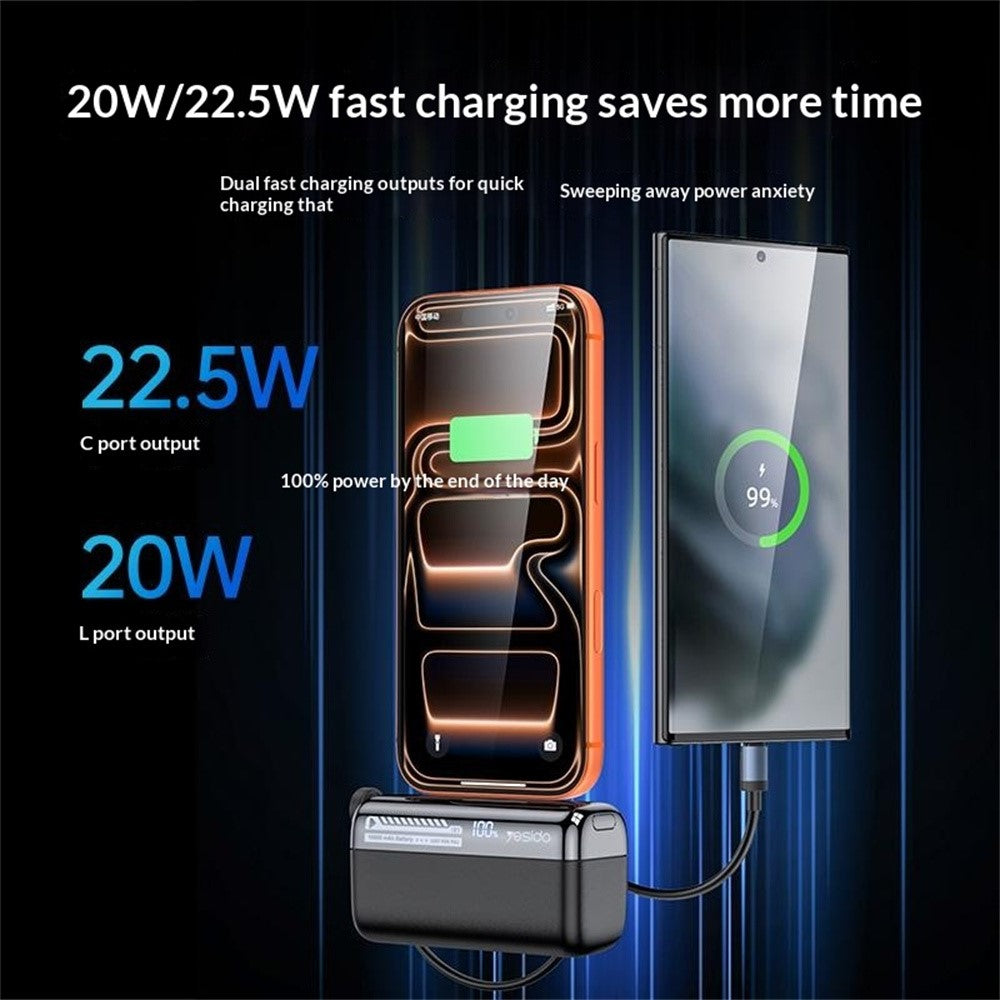 YESIDO YP99 Power Bank 10000mAh 20W Fast Charging Portable Charger with Built-in Cable for Mobile Phone