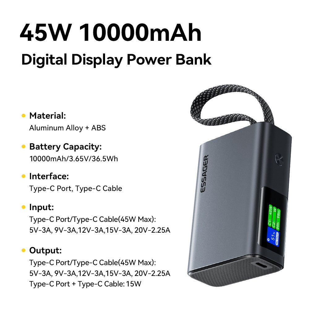 ESSAGER ES-D026 45W Smart Display 10000mAh Power Bank TFT Screen Built-in Type-C Cable 45W Fast Charging Charger