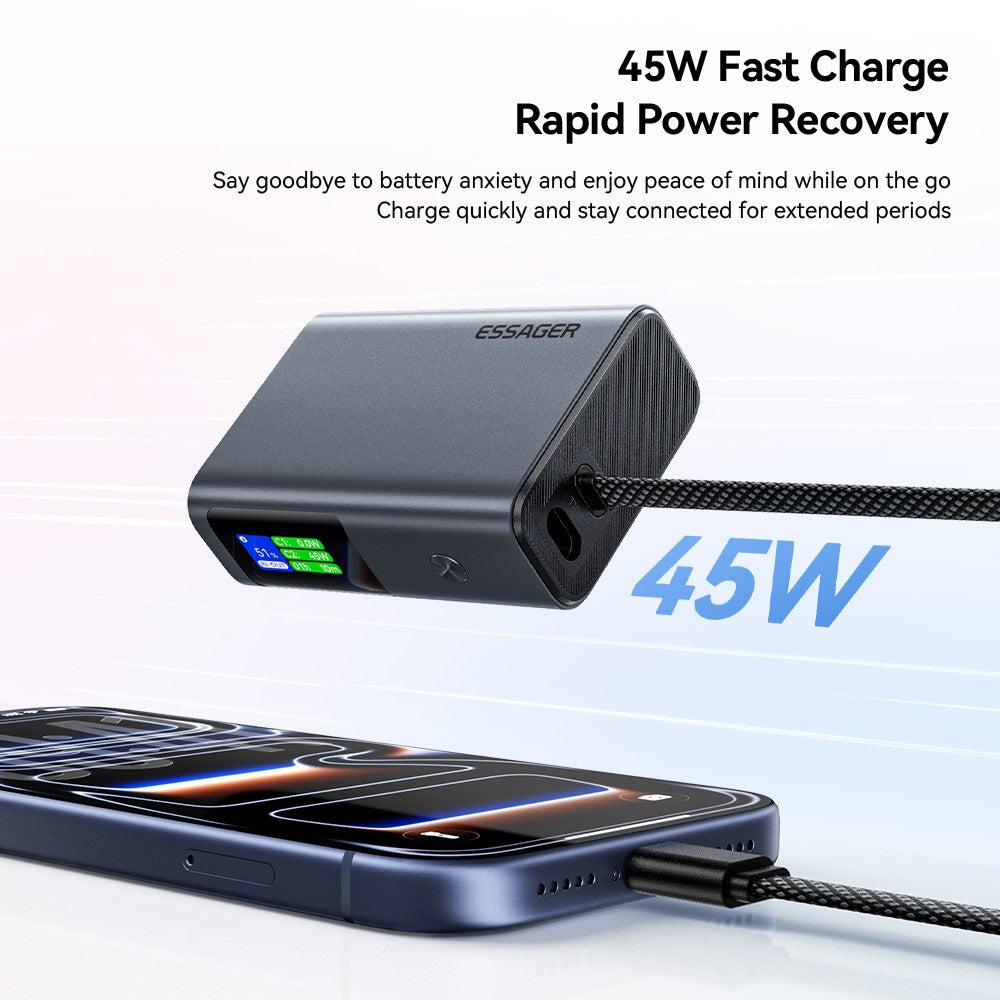 ESSAGER ES-D026 45W Smart Display 10000mAh Power Bank TFT Screen Built-in Type-C Cable 45W Fast Charging Charger