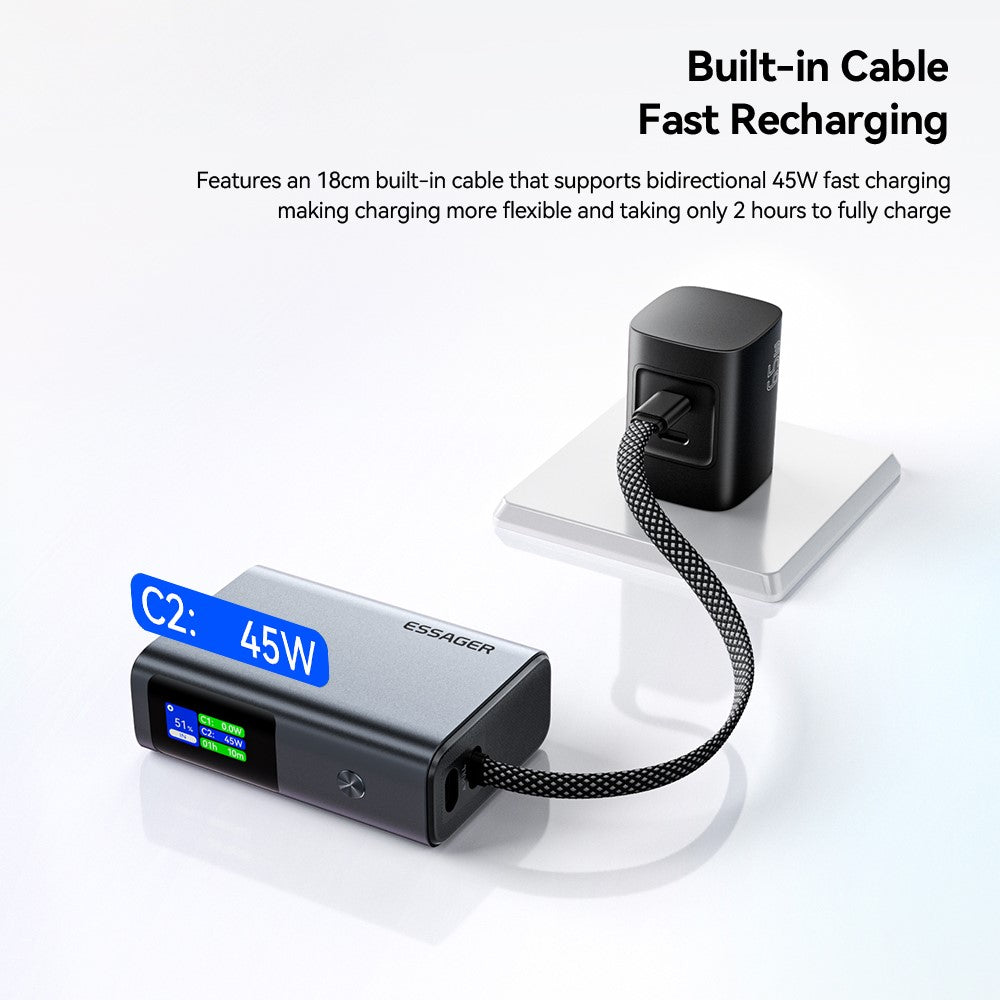 ESSAGER ES-D026 45W Smart Display 10000mAh Power Bank TFT Screen Built-in Type-C Cable 45W Fast Charging Charger