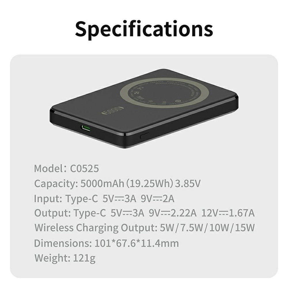 C0525 5000mAh Magnetic Wireless Power Bank 15W Fast Charging Portable Charger External Battery Pack