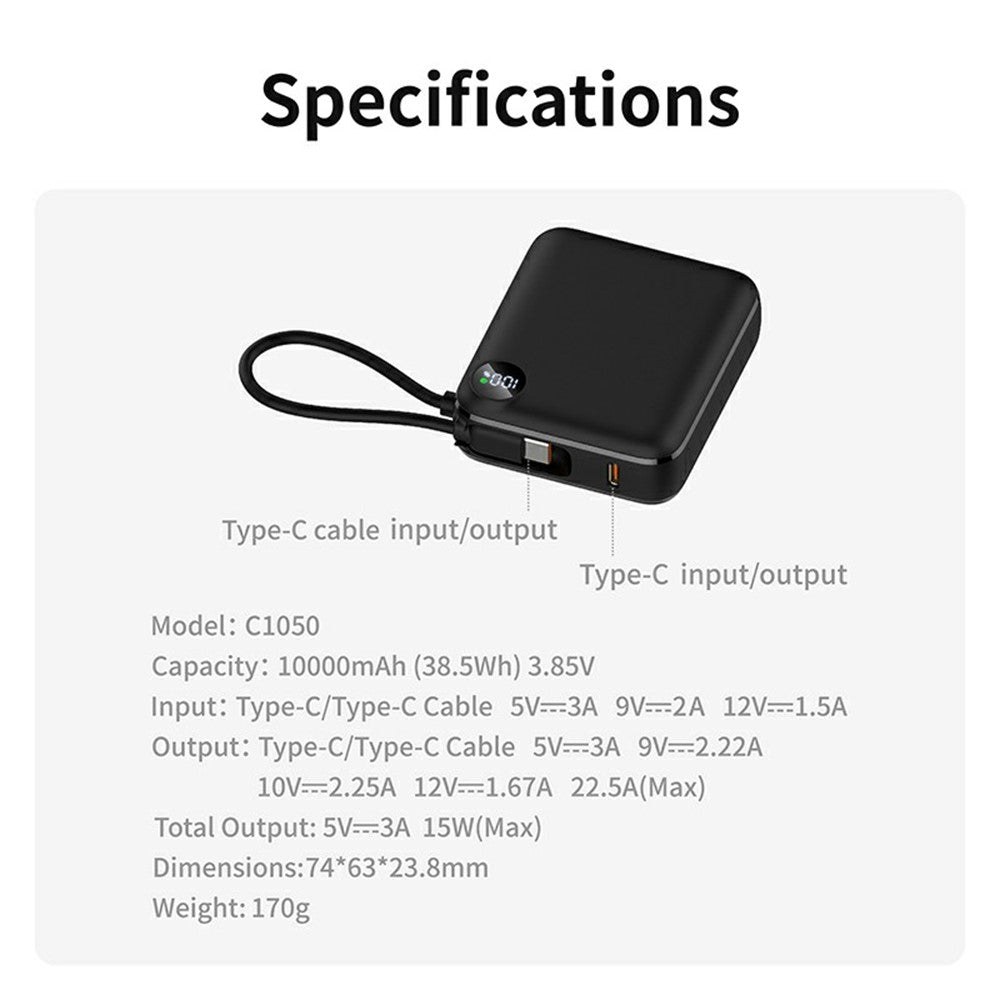 C1050 10000mAh Power Bank med Indbygget Type-C Kabel 22.5W Hurtig Opladning LED Display Bærbar Oplader