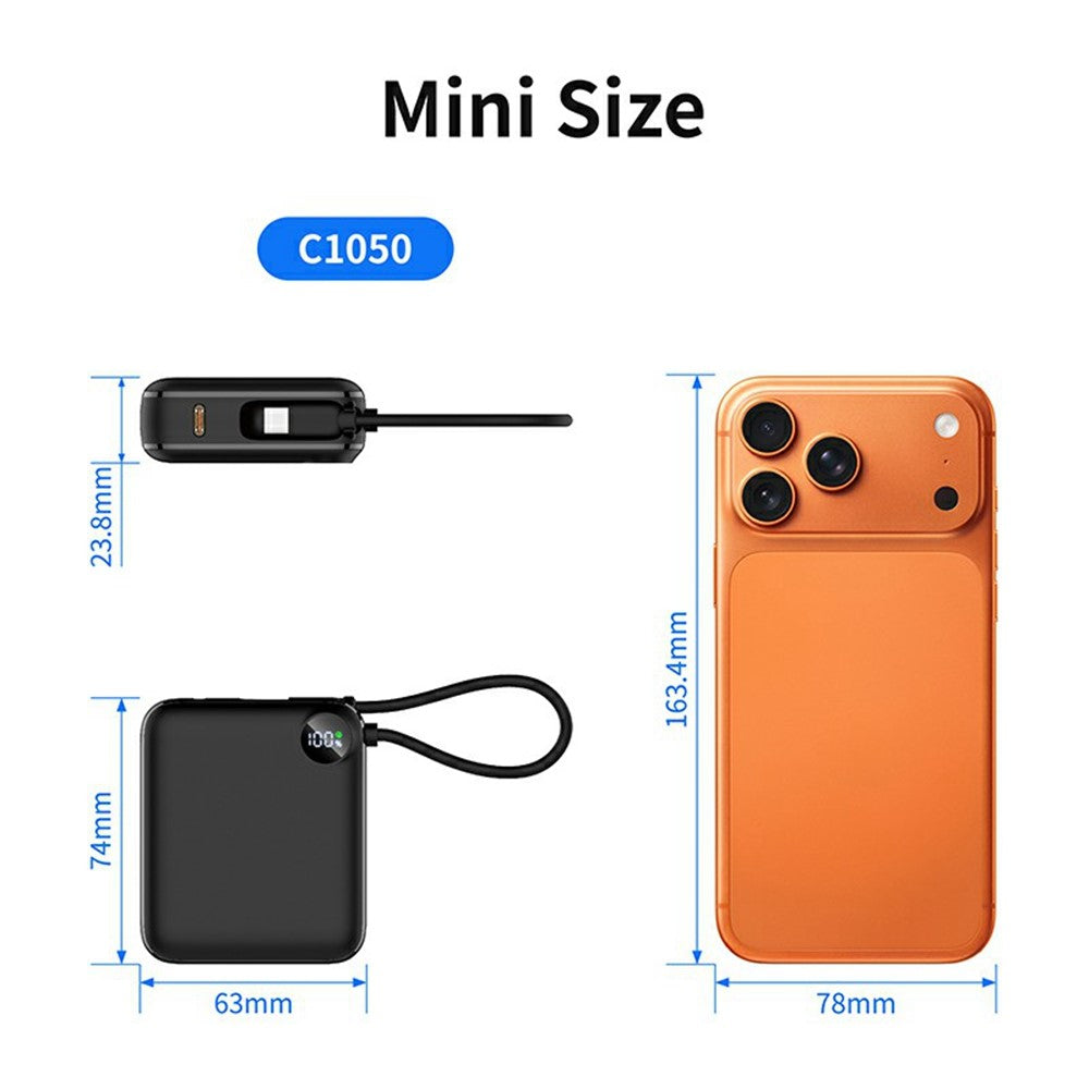 C1050 10000mAh Power Bank med Indbygget Type-C Kabel 22.5W Hurtig Opladning LED Display Bærbar Oplader
