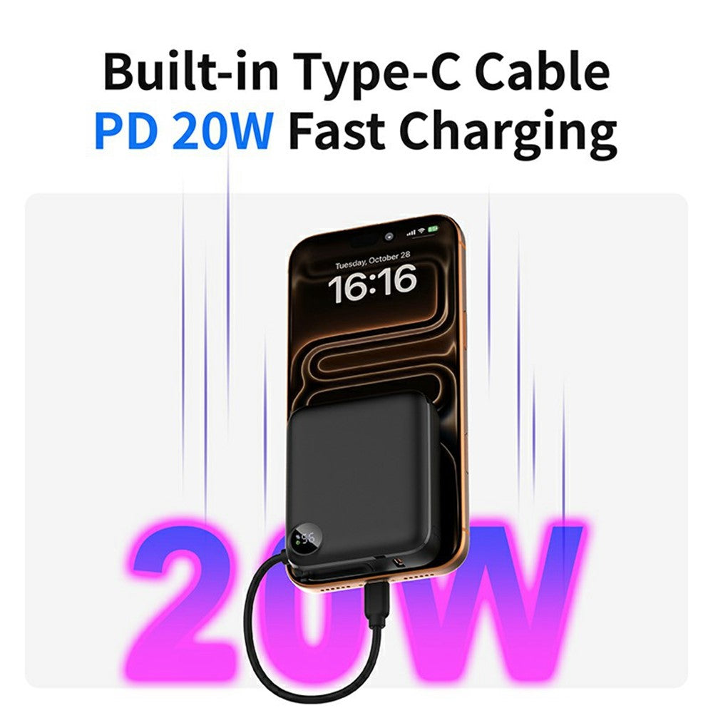 C1050 10000mAh Power Bank med Indbygget Type-C Kabel 22.5W Hurtig Opladning LED Display Bærbar Oplader