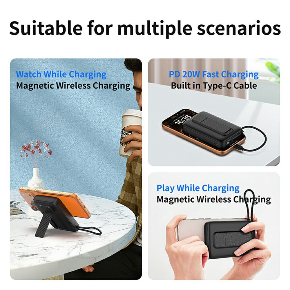 C1055 10000mAh Powerbank 15W Magnetisk Trådløs Bærbar Oplader Indbygget Type-C Kabel og Støttefod