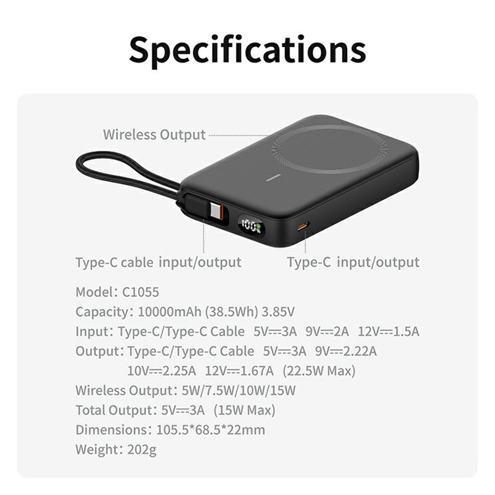 C1055 10000mAh Powerbank 15W Magnetisk Trådløs Bærbar Oplader Indbygget Type-C Kabel og Støttefod