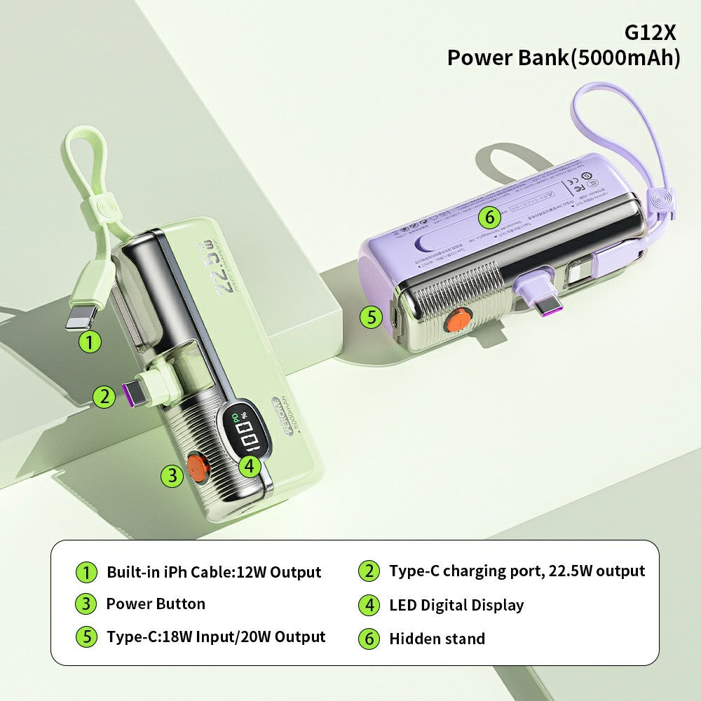WEKOME G12X Power Bank 5000mAh 22.5W Fast Charging Portable Charger Built-in Cable for iPhone Android