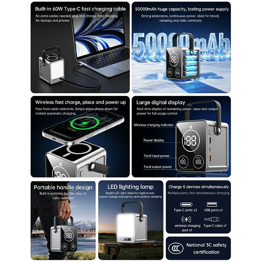 WIWU PS300 50000mAh Power Bank PD 100W Fast Charging 15W Wireless Charger with LED Light for Outdoor Camping