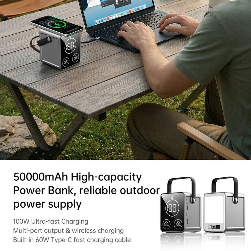 WIWU PS300 50000mAh Power Bank PD 100W Fast Charging 15W Wireless Charger with LED Light for Outdoor Camping