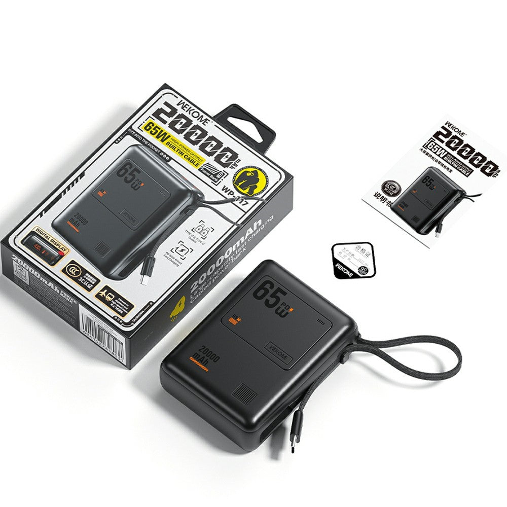WEKOME WP-117 20000mAh Power Bank PD 65W Fast Charging Battery Pack with Built-in Type-C Cable