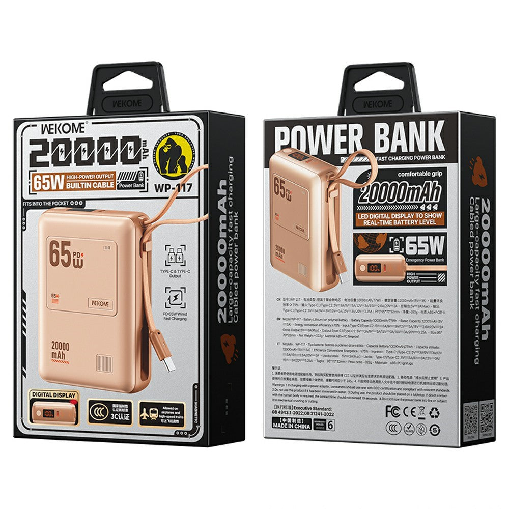 WEKOME WP-117 20000mAh Power Bank PD 65W Fast Charging Battery Pack with Built-in Type-C Cable