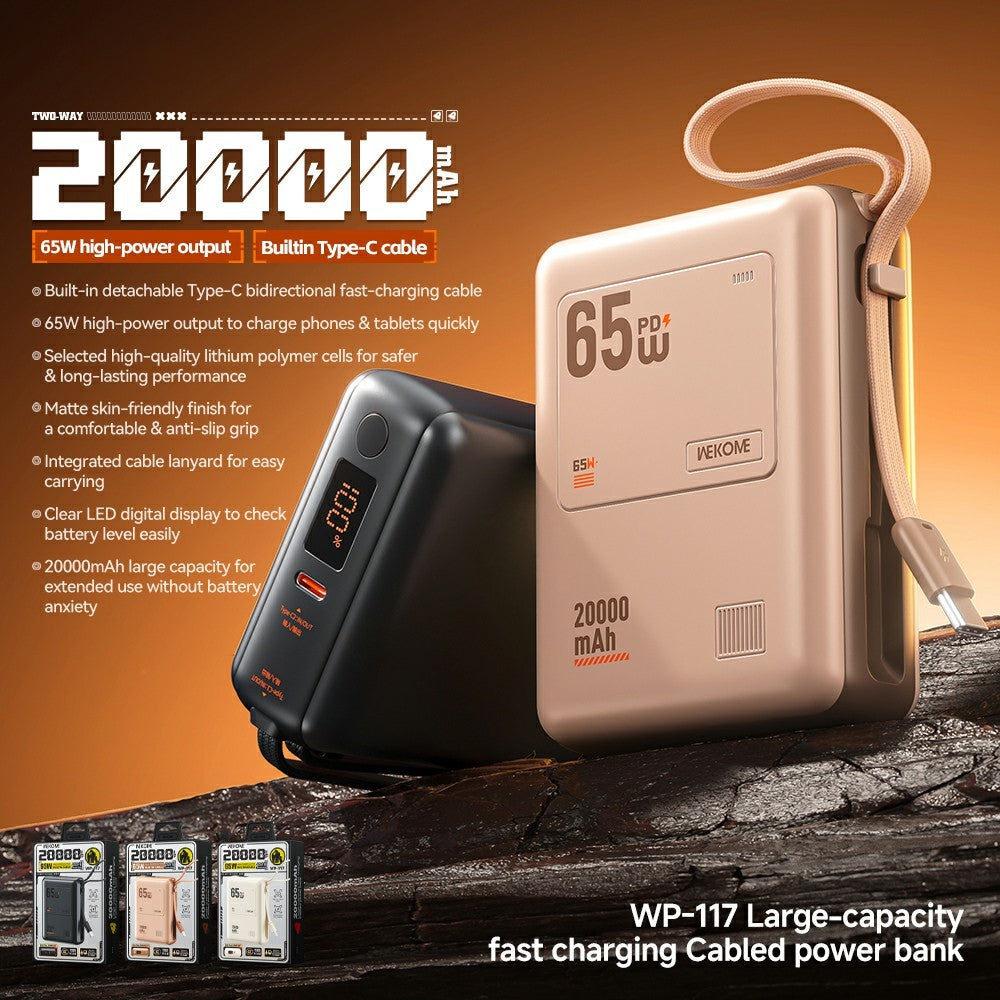 WEKOME WP-117 20000mAh Power Bank PD 65W Fast Charging Battery Pack with Built-in Type-C Cable