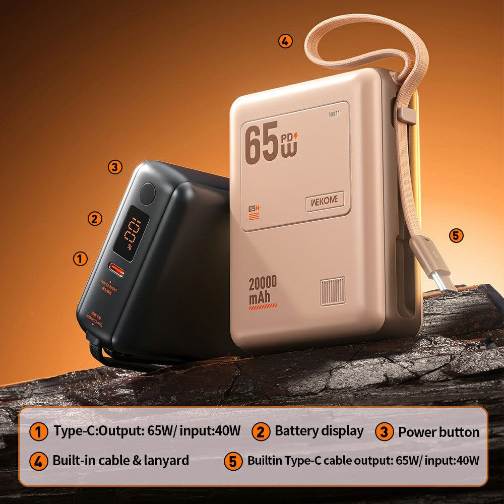WEKOME WP-117 20000mAh Power Bank PD 65W Fast Charging Battery Pack with Built-in Type-C Cable