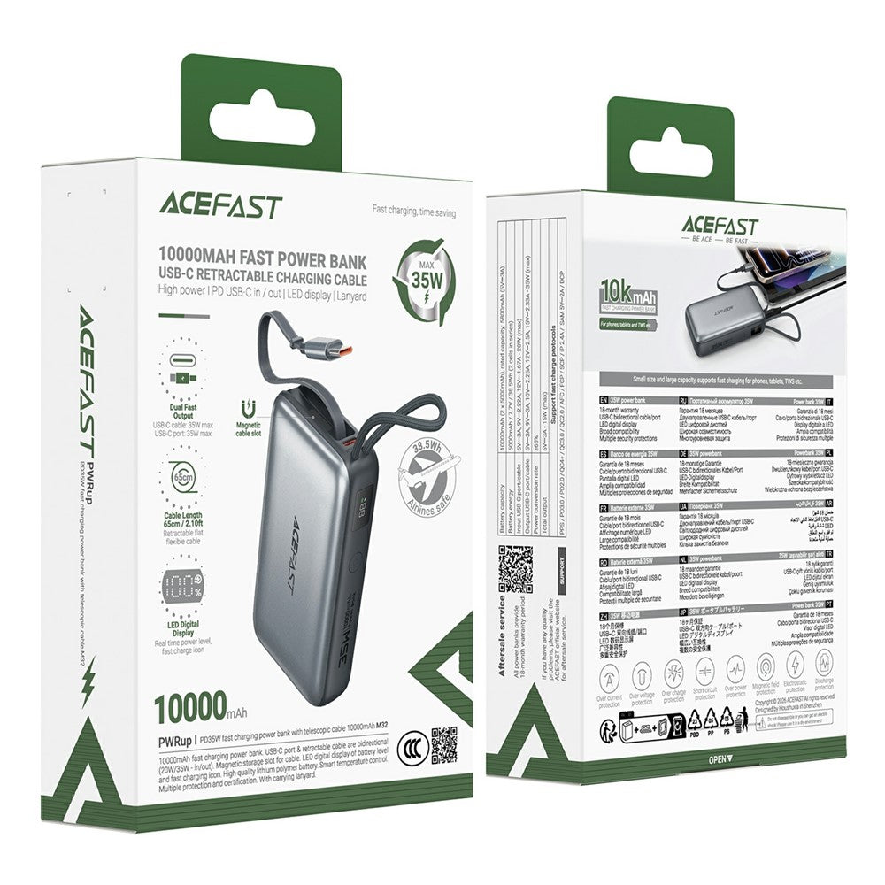 ACEFAST M32-10000 Power Bank 10000mAh PD 35W Fast Charging Portable Charger with Built-in Retractable USB-C Cable
