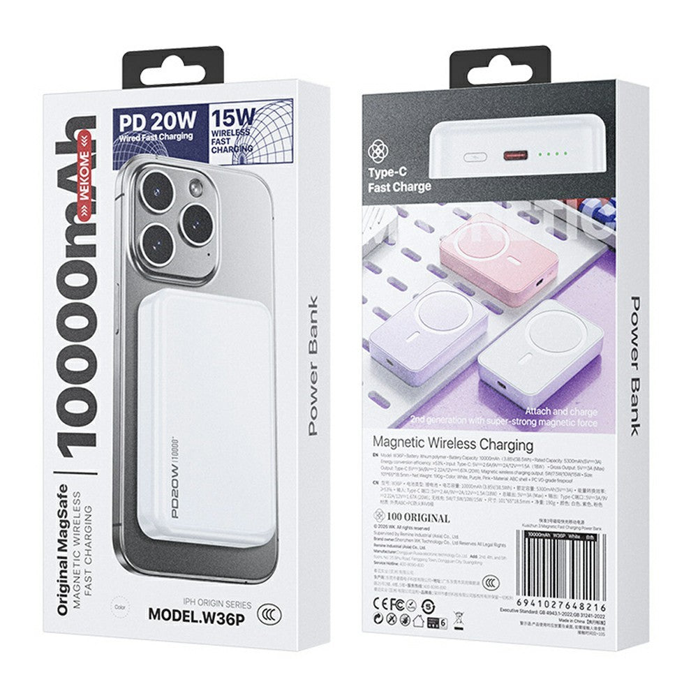 WEKOME W36P 10000mAh Magnetisk Trådløs Powerbank 20W PD Hurtigopladende Bærbar Oplader
