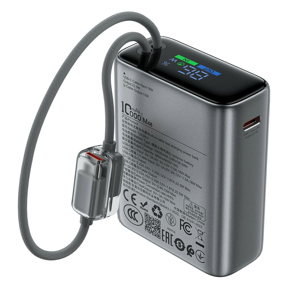 ACEFAST M48 T203ALF 10000mAh 22.5W Power Bank Built-in Type-C + iP Cables OLED Display Portable Charger