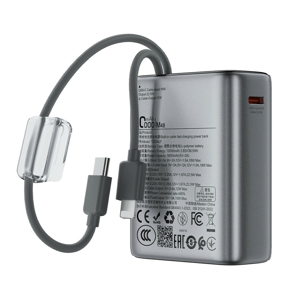 ACEFAST M48 T203ALF 10000mAh 22.5W Power Bank Built-in Type-C + iP Cables OLED Display Portable Charger