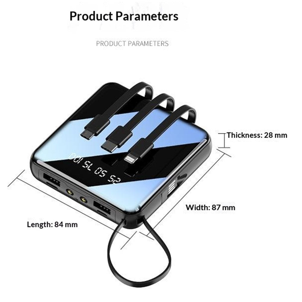 10000mAh Mini Power Bank with 4 in 1 Cables LED Flashlight Digital Display Portable Charger