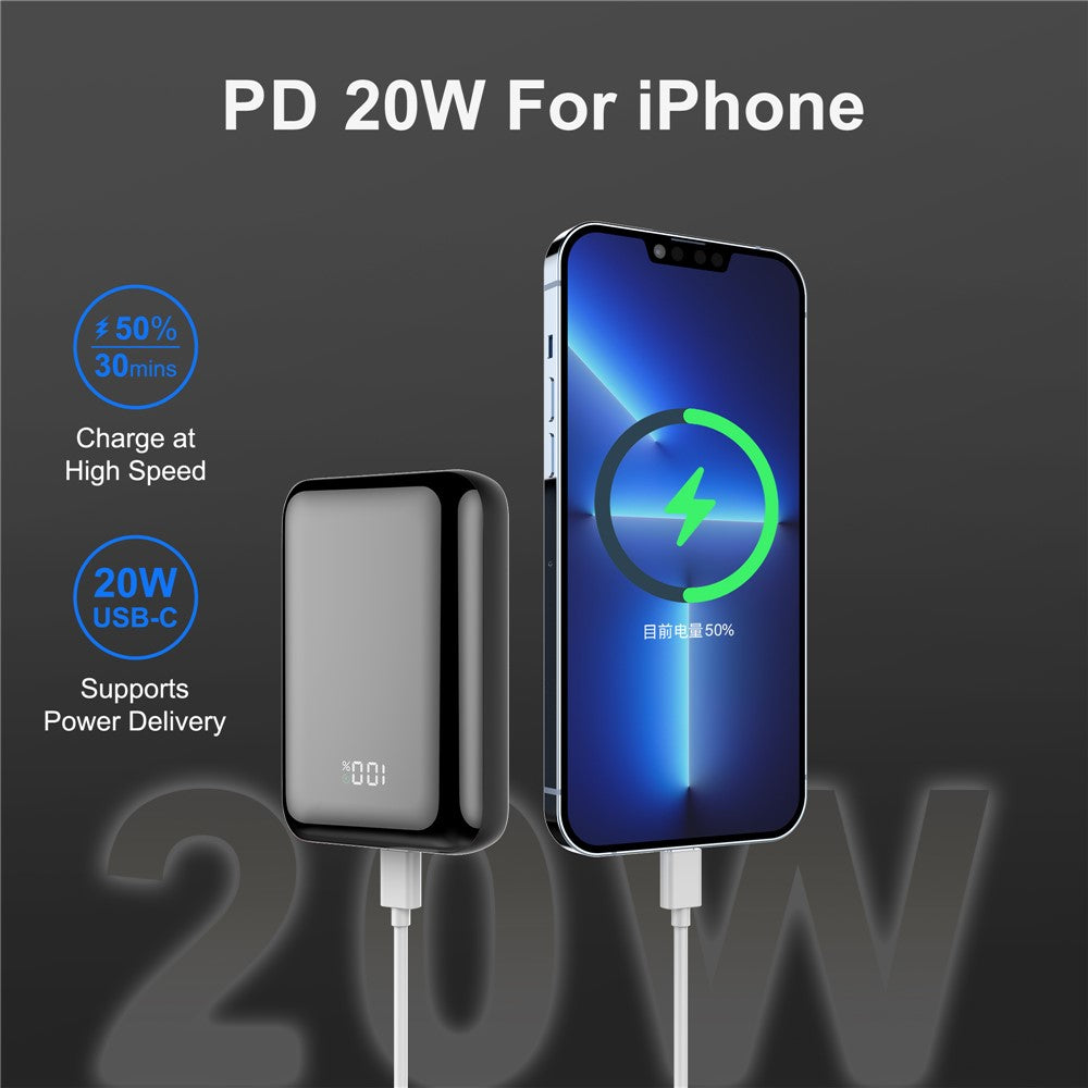 C1018 PD 20W 10000mAh Digital Display Power Bank Portable Phone Charger Mini External Battery Pack with USB-A / Type-C Output