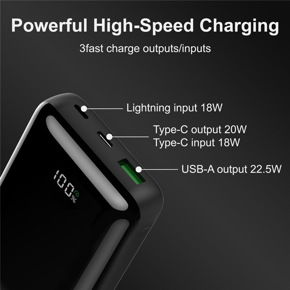 C1018 PD 20W 10000mAh Digital Display Power Bank Portable Phone Charger Mini External Battery Pack with USB-A / Type-C Output