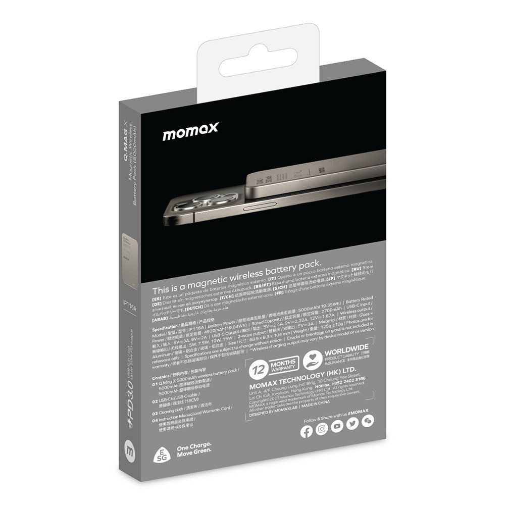 MOMAX Q.MAG X Magnetisk Trådlös Laddare i Metall 5000mAh Mobilmobil Powerbank