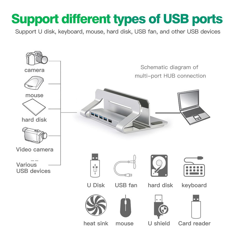 D051-3 Lodret Bærbarstativ USB-Hub Pladsbesparende Notebook-holder Skrivebordsbeslag med 4 USB-porte