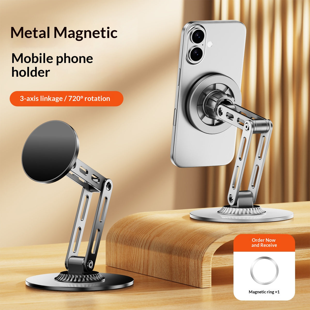 Desktop Magnetic Phone Stand Three-Axis Adjustable Metal Bracket for Live Streaming / Movie Watching