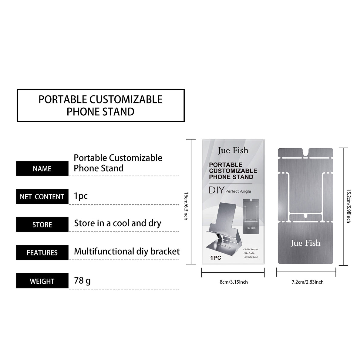 JUE-FISH Portable Foldable Phone Stand Galvanized Steel Adjustable Metal Desktop Cellphone Holder