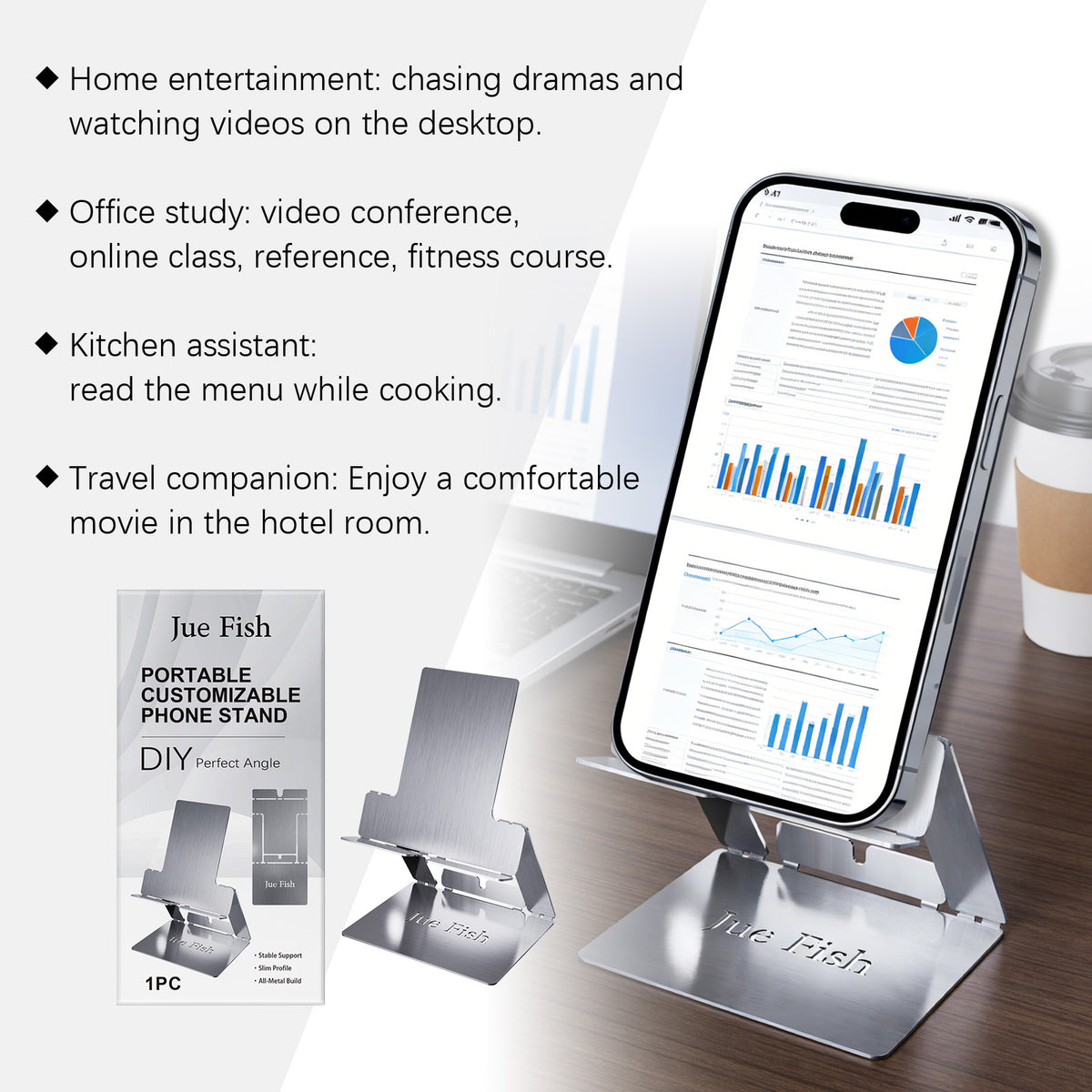JUE-FISH Portable Foldable Phone Stand Galvanized Steel Adjustable Metal Desktop Cellphone Holder