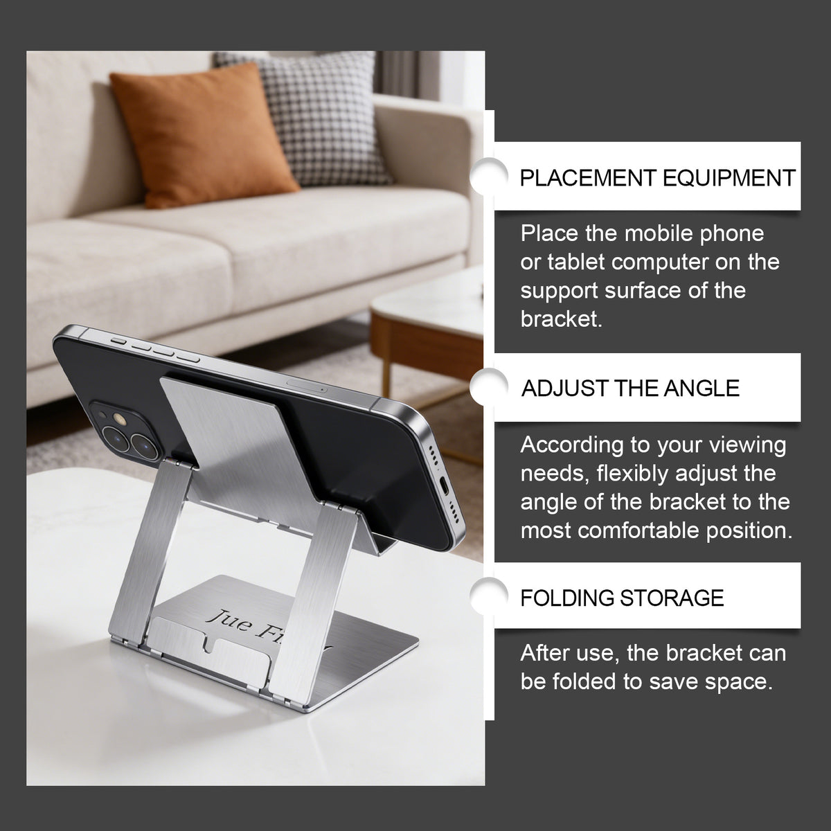JUE-FISH Portable Foldable Phone Stand Galvanized Steel Adjustable Metal Desktop Cellphone Holder